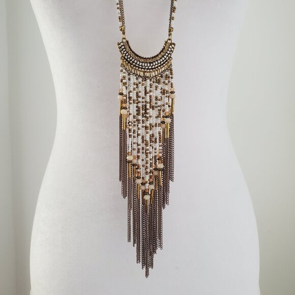 ICING Long Beaded Chain Tassel Fringe Bib Boho Necklace Bronze & White Gold Tone - Picture 3 of 7